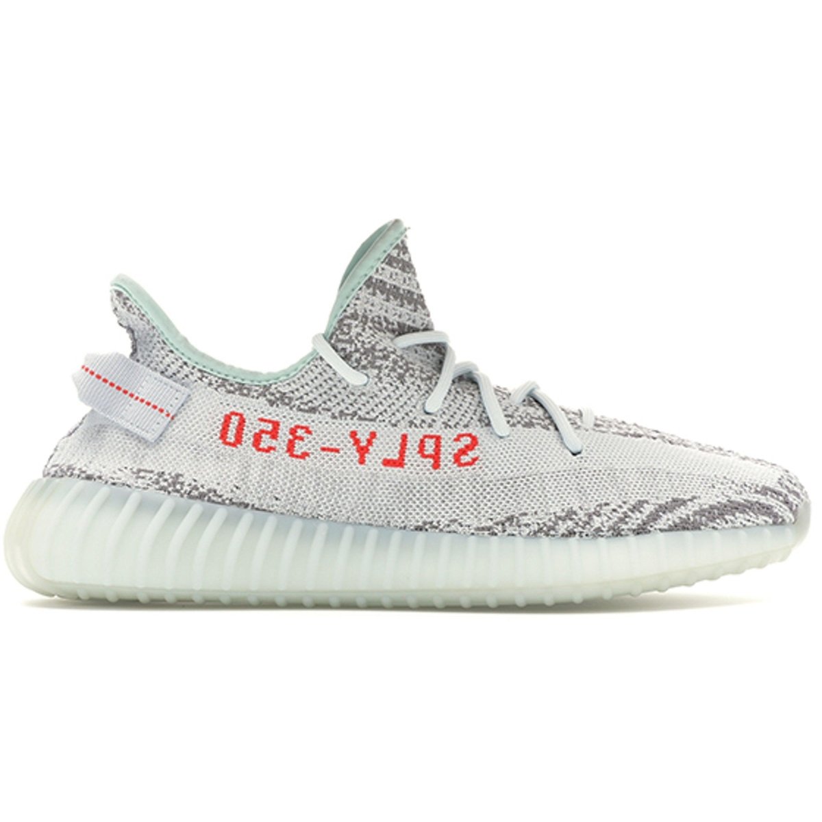 adidas Yeezy Boost 350 V2 Blue Tint sneaker featuring light turquoise and grey Primeknit with SPLY-350 branding.