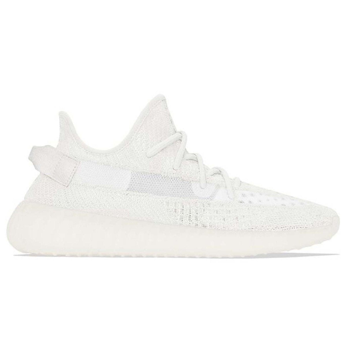 adidas Yeezy Boost 350 V2 Bone showcasing a white Primeknit upper, matching laces, and semi-transparent sole.