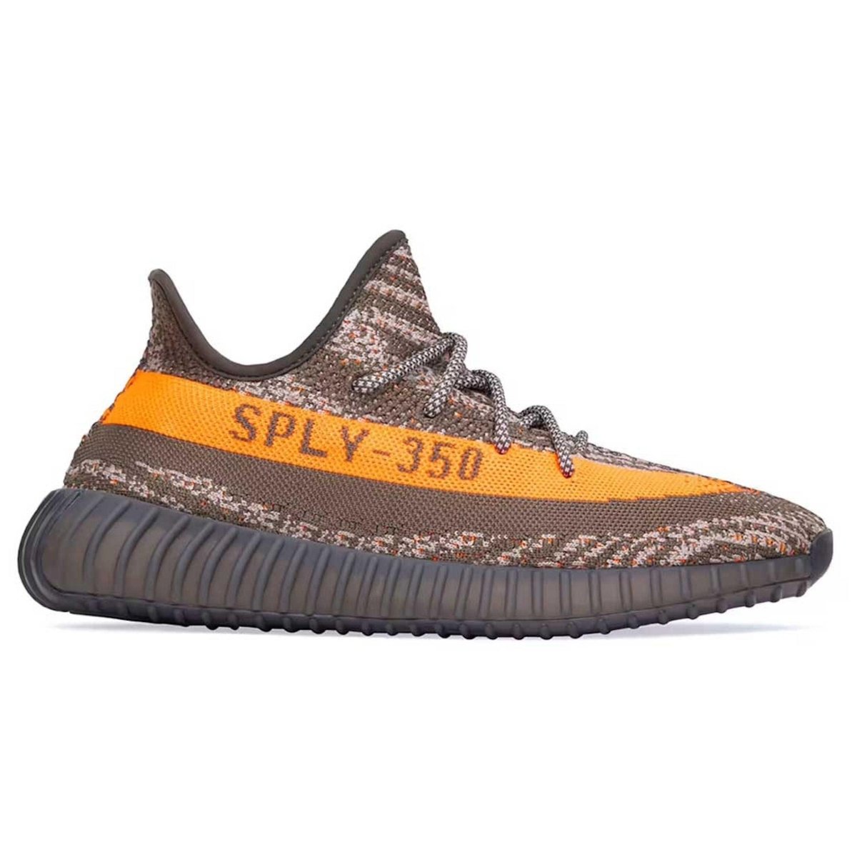 adidas Yeezy Boost 350 V2 Carbon Beluga sneaker with gray and orange colorway, featuring SPLY-350 branding.