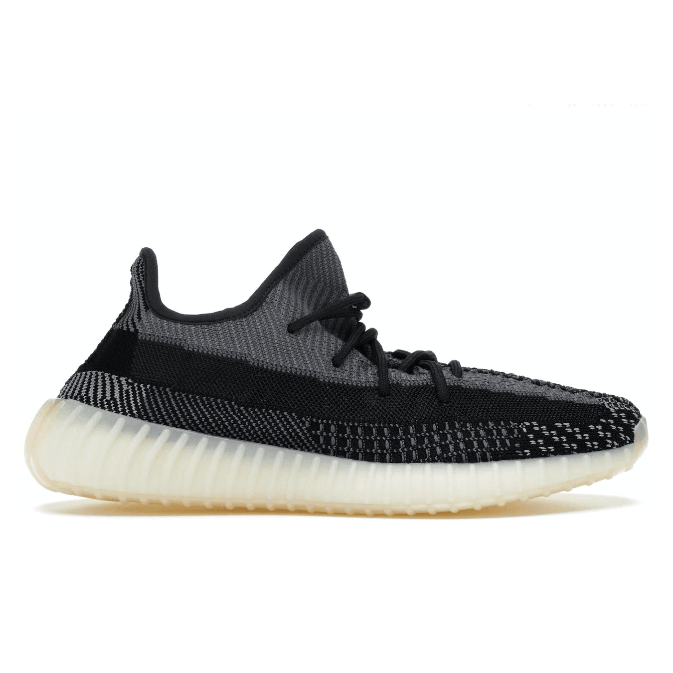 adidas Yeezy Boost 350 V2 Carbon sneaker with breathable Primeknit upper in black and gray tones.