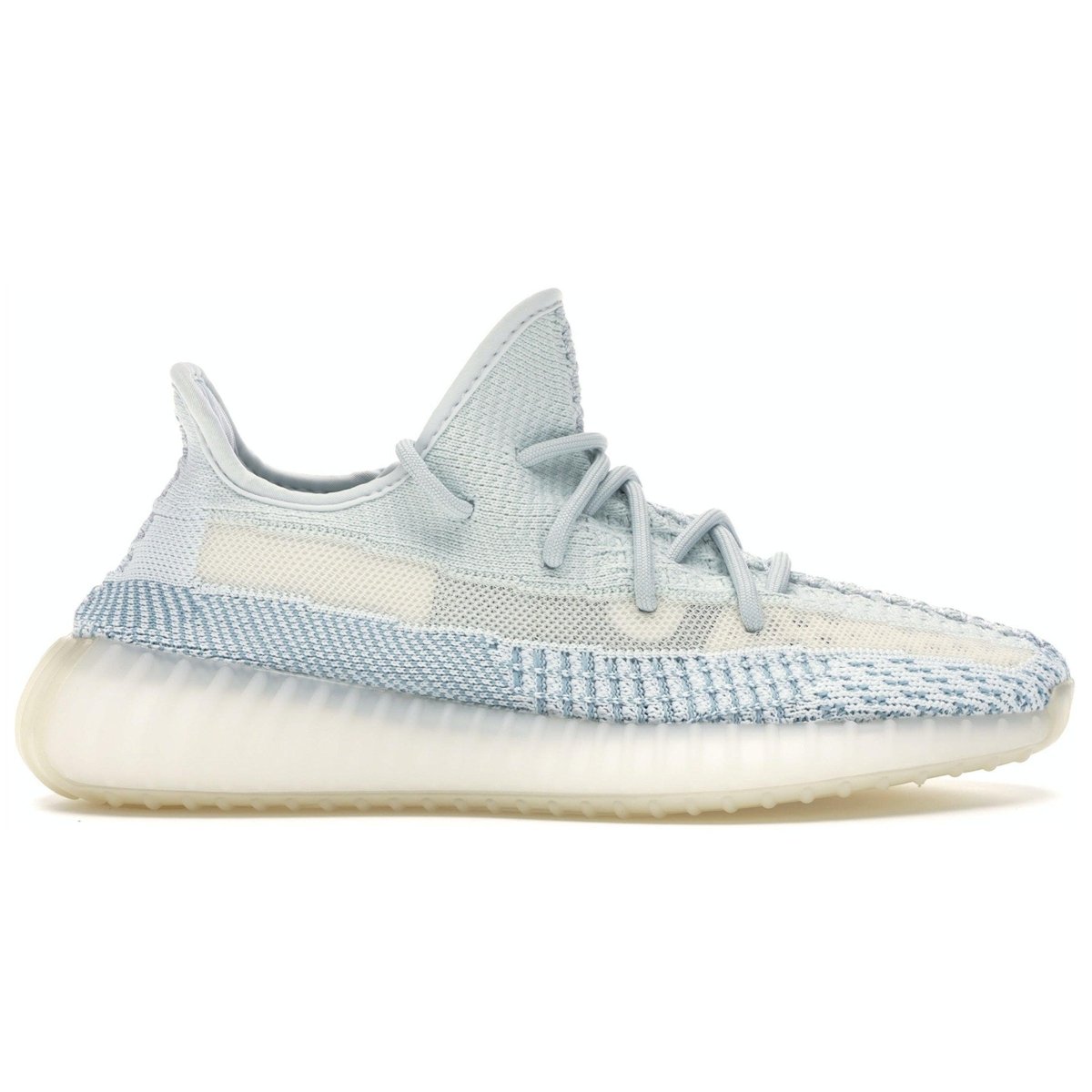 adidas Yeezy Boost 350 V2 Cloud White Non-Reflective side view showcasing Primeknit upper and Boost sole.