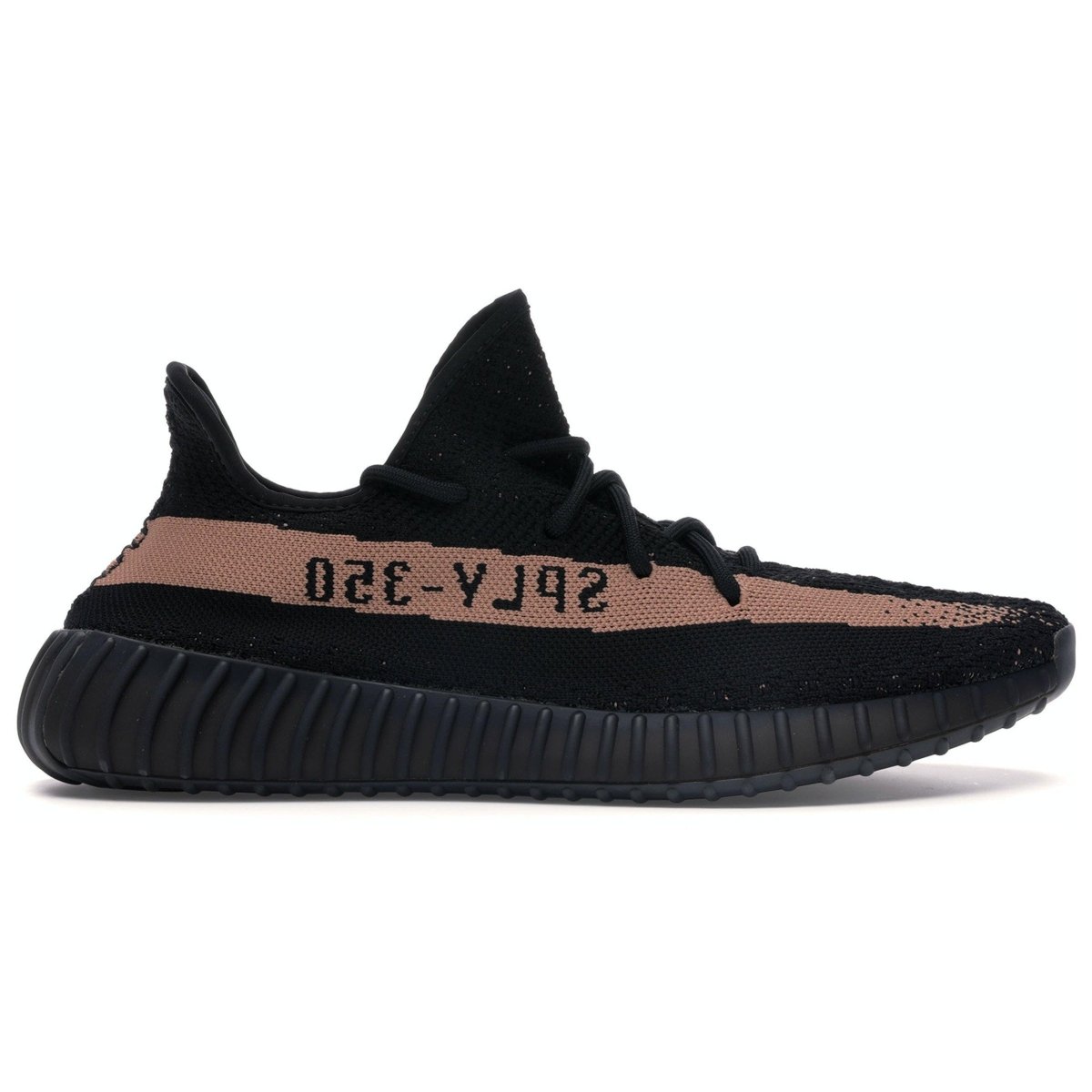 adidas Yeezy Boost 350 V2 Core Black Copper sneaker with black Primeknit upper and copper stripe.