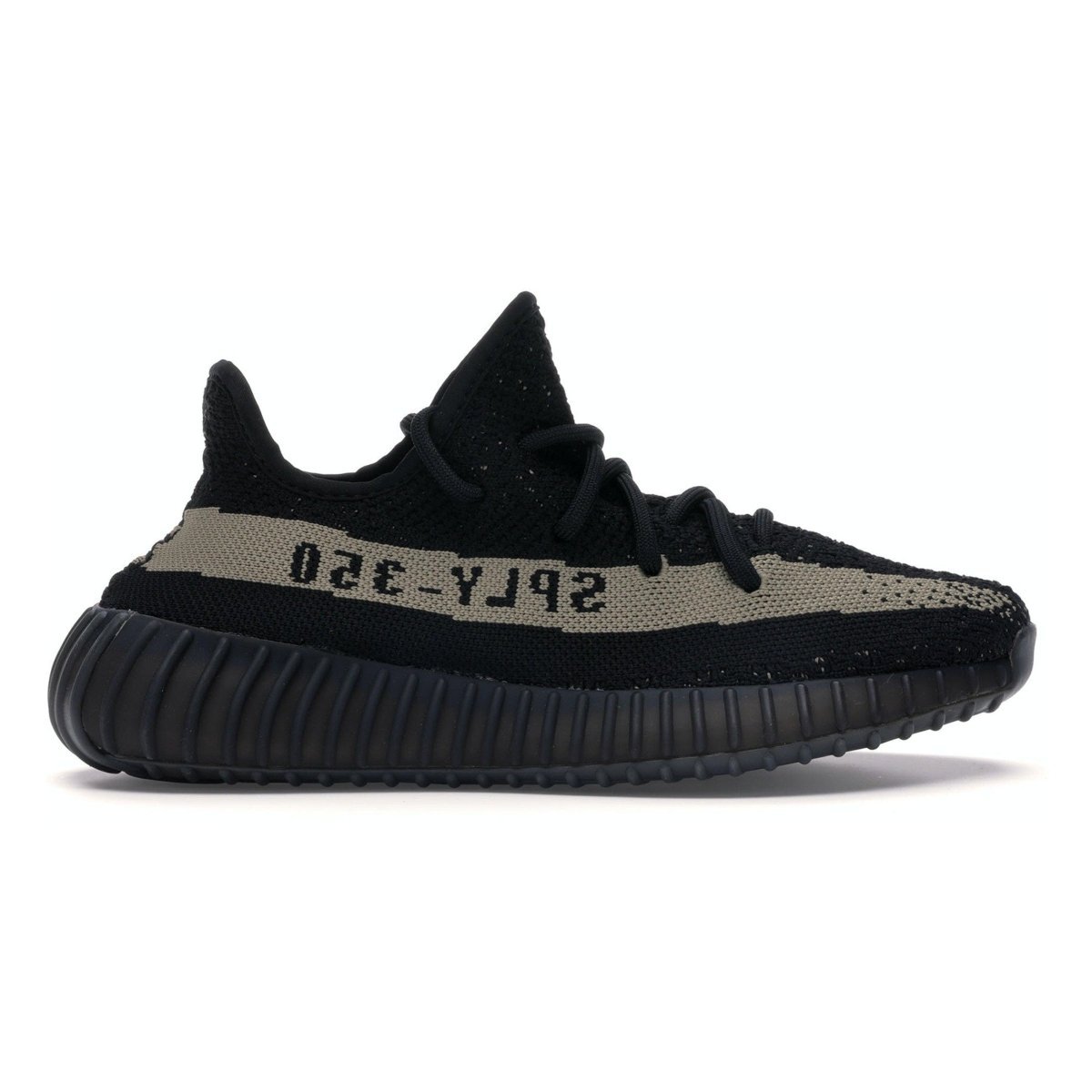 adidas Yeezy Boost 350 V2 Core Black Green sneaker featuring black Primeknit upper and olive green stripe.