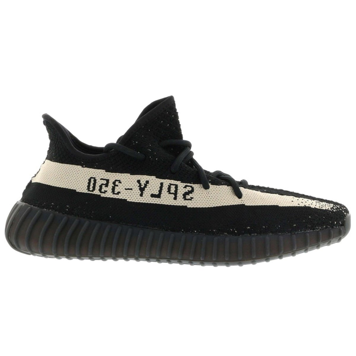 adidas Yeezy Boost 350 V2 Core Black White sneaker side view featuring Primeknit upper and signature SPLY-350 branding.