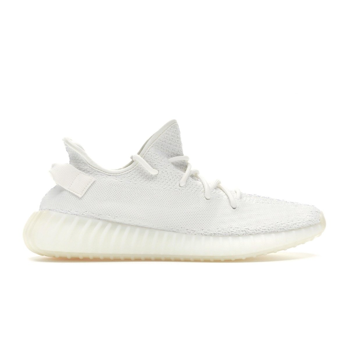 adidas Yeezy Boost 350 V2 Cream Triple White sneaker side view showcasing minimalist design and Primeknit upper.