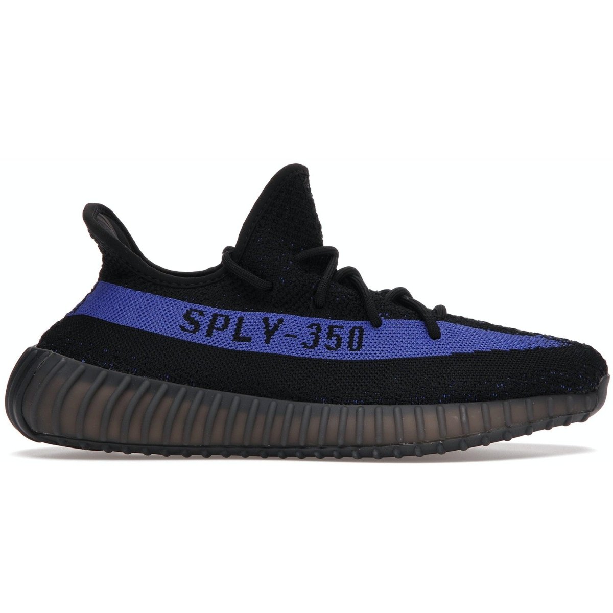 adidas Yeezy Boost 350 V2 Dazzling Blue side view, featuring black Primeknit upper and bold blue SPLY-350 stripe.