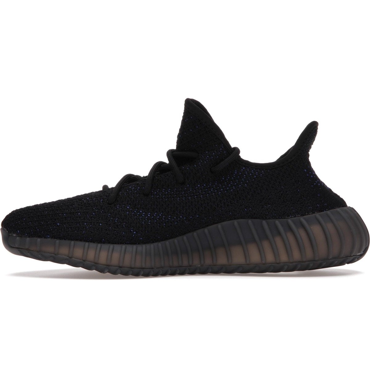 adidas Yeezy Boost 350 V2 Dazzling Blue side view featuring black Primeknit upper and blue SPLY-350 accents.