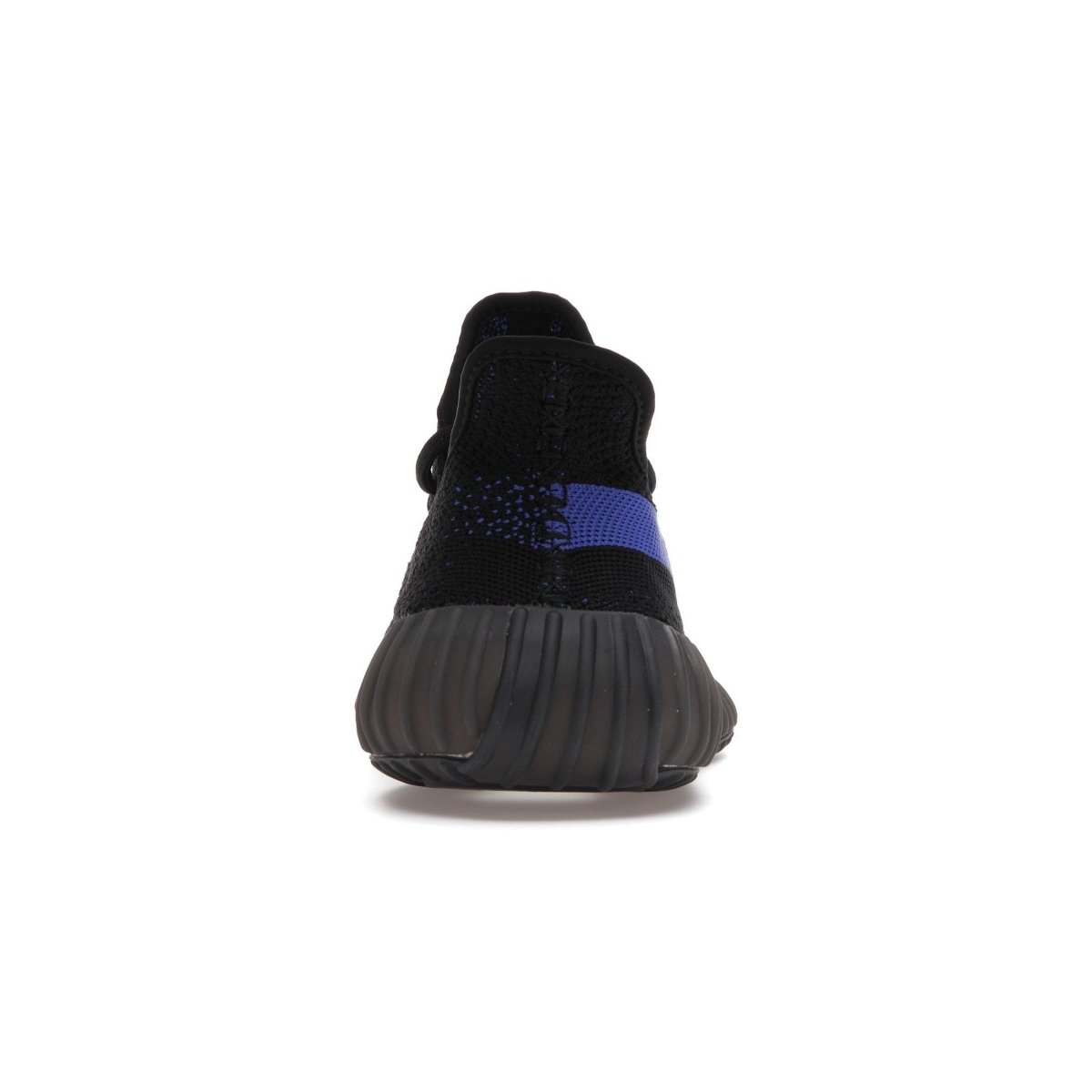 Rear view of adidas Yeezy Boost 350 V2 Dazzling Blue sneakers showing flexible black Primeknit upper with blue accents.