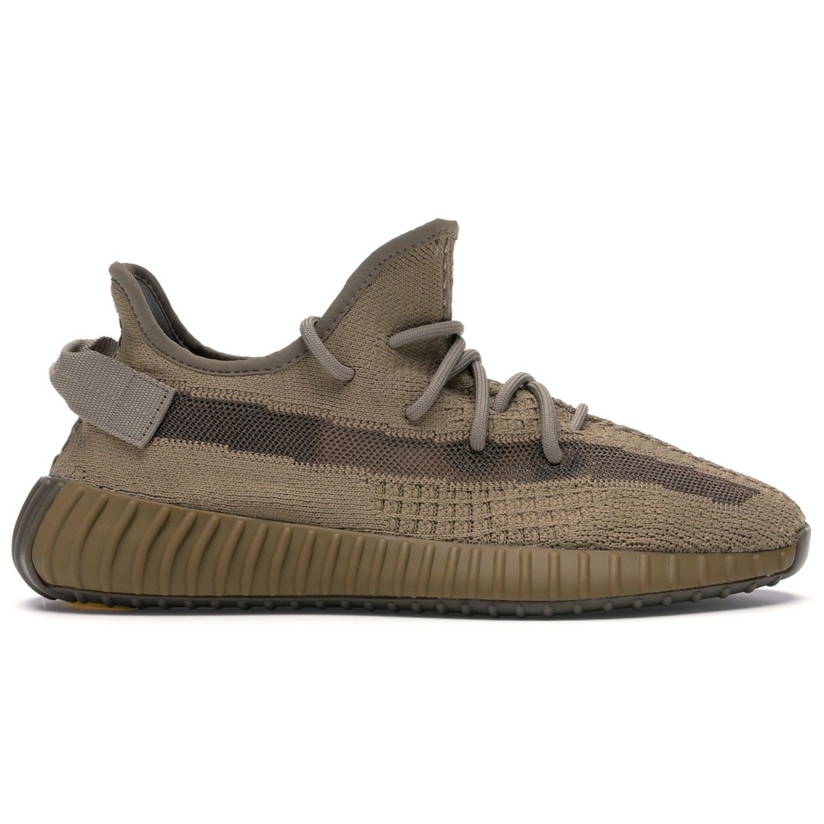 adidas Yeezy Boost 350 V2 Earth in dark khaki with Primeknit upper and rubber outsole for style and comfort.