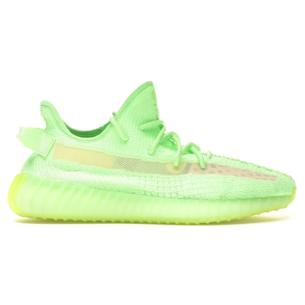 adidas Yeezy Boost 350 V2 Glow sneakers in vibrant neon green with a glow-in-the-dark effect.