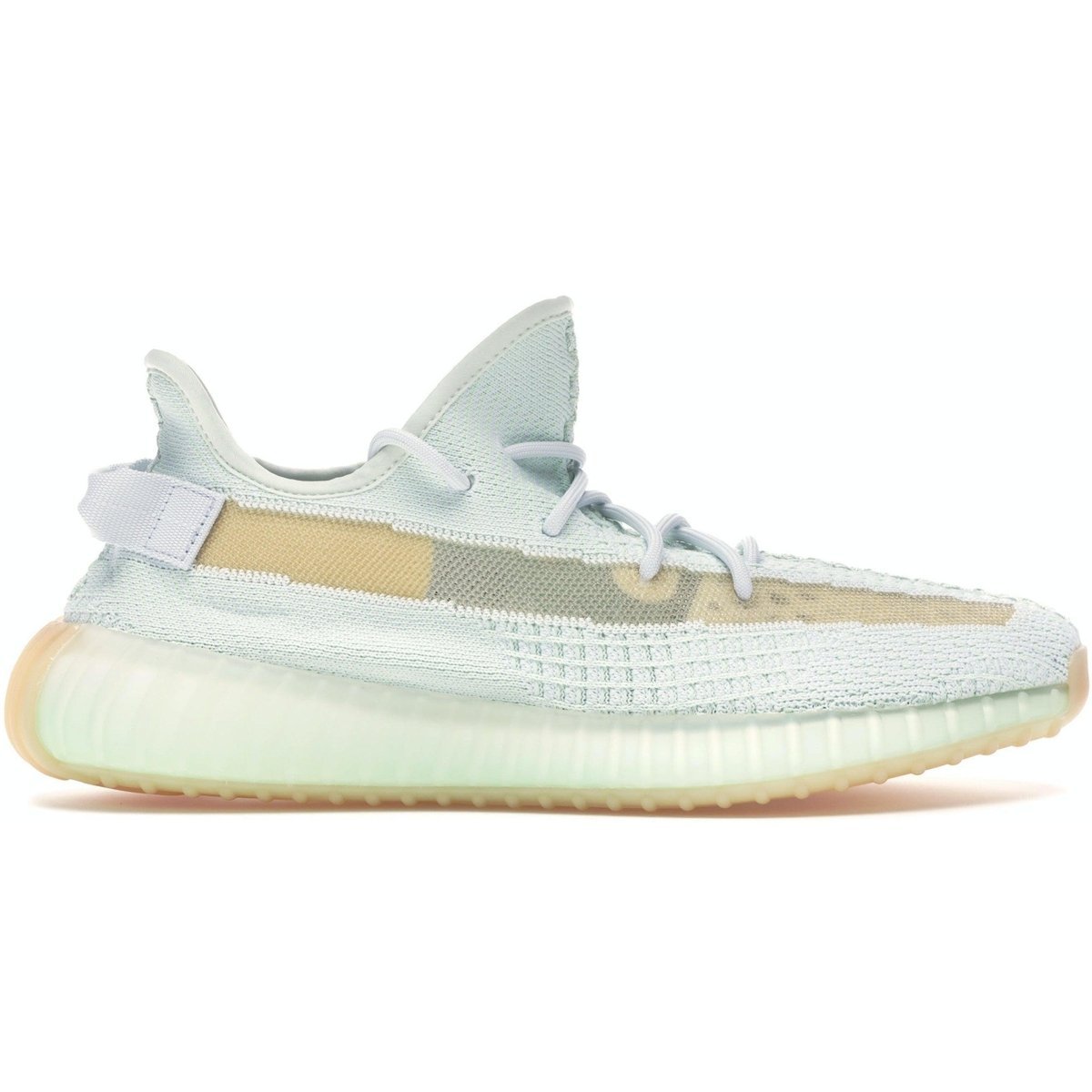 adidas Yeezy Boost 350 V2 Hyperspace in pale blue-green with Primeknit upper and translucent sole.