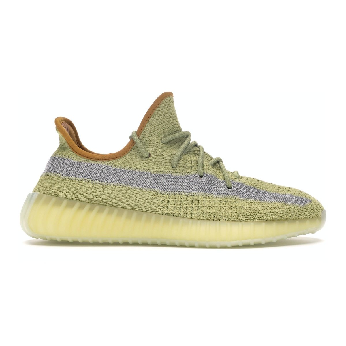 adidas Yeezy Boost 350 V2 Marsh sneaker in yellow and gray with breathable Primeknit upper and translucent rubber sole.