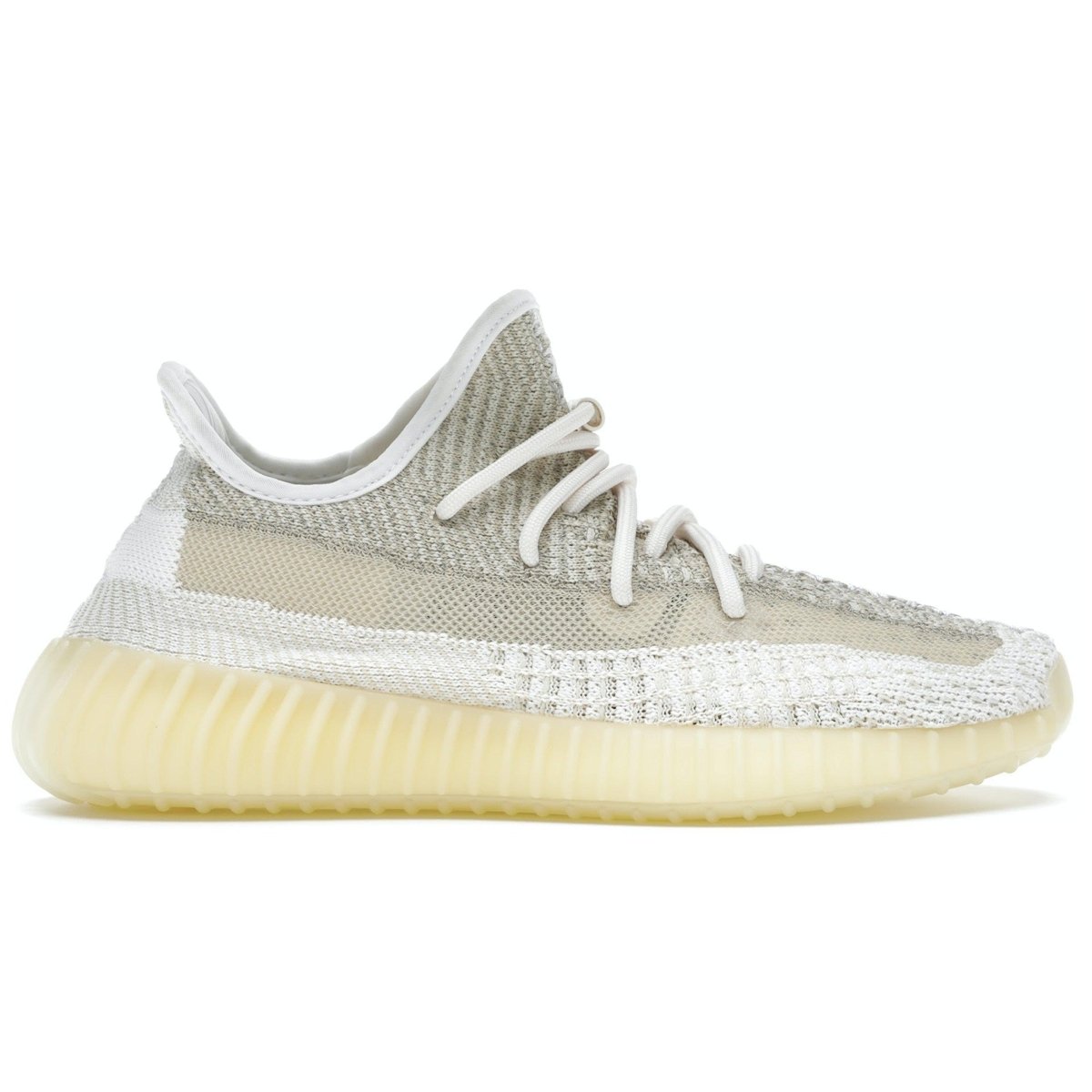adidas Yeezy Boost 350 V2 Natural sneaker in cream and beige Primeknit with transparent side stripe and elastic laces.