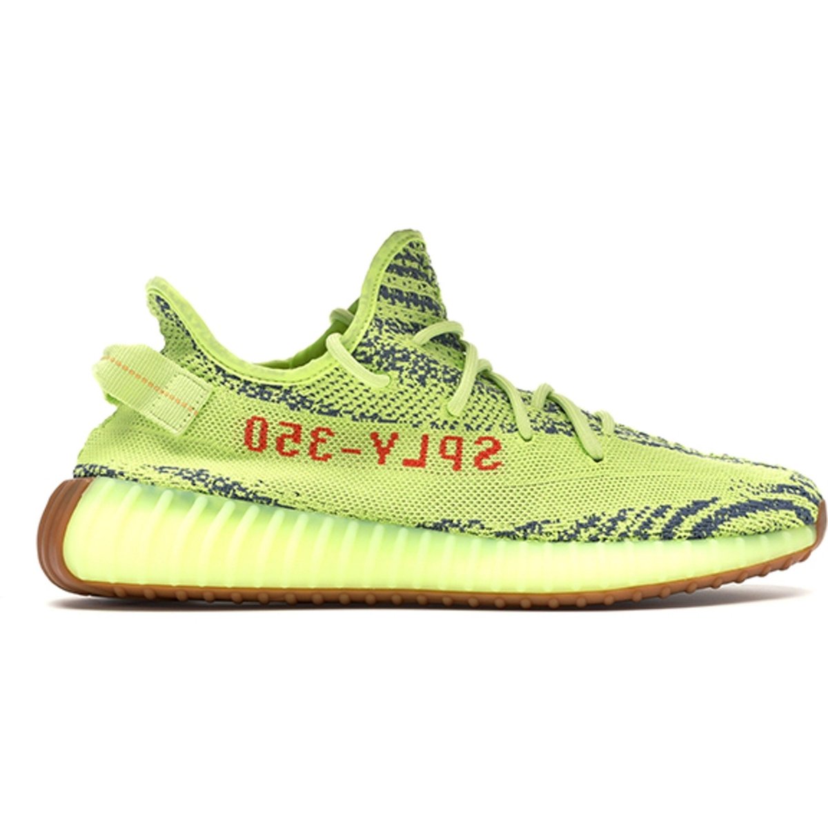 adidas Yeezy Boost 350 V2 Semi Frozen Yellow featuring eye-catching highlighter tones and red 'SPLY-350' logo.