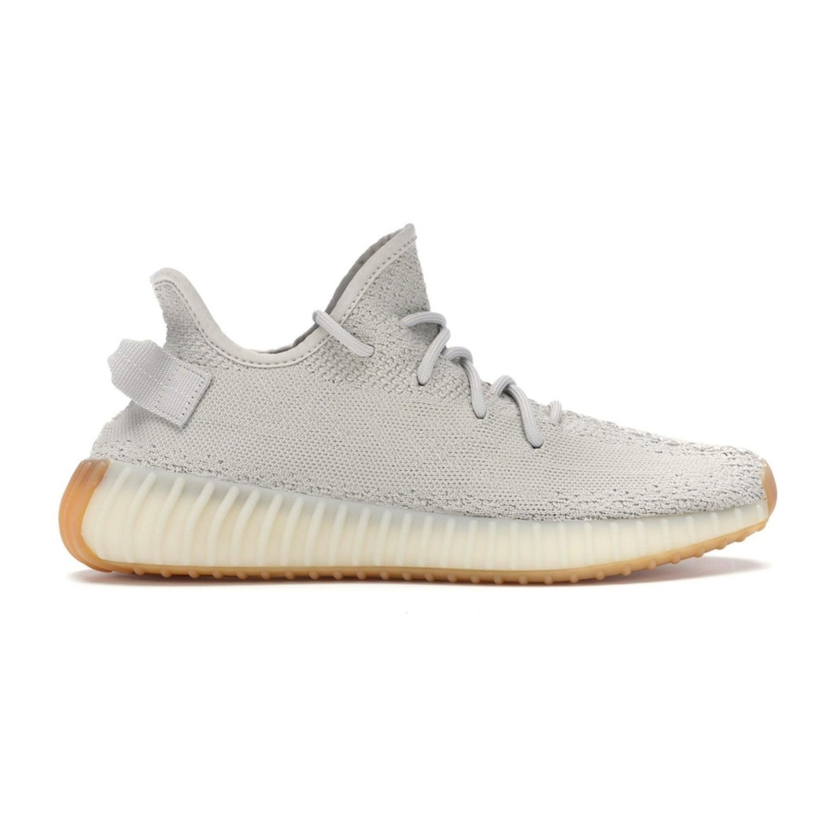adidas Yeezy Boost 350 V2 Sesame sneakers featuring a light grey knit upper and gum sole, designed by Kanye West.
