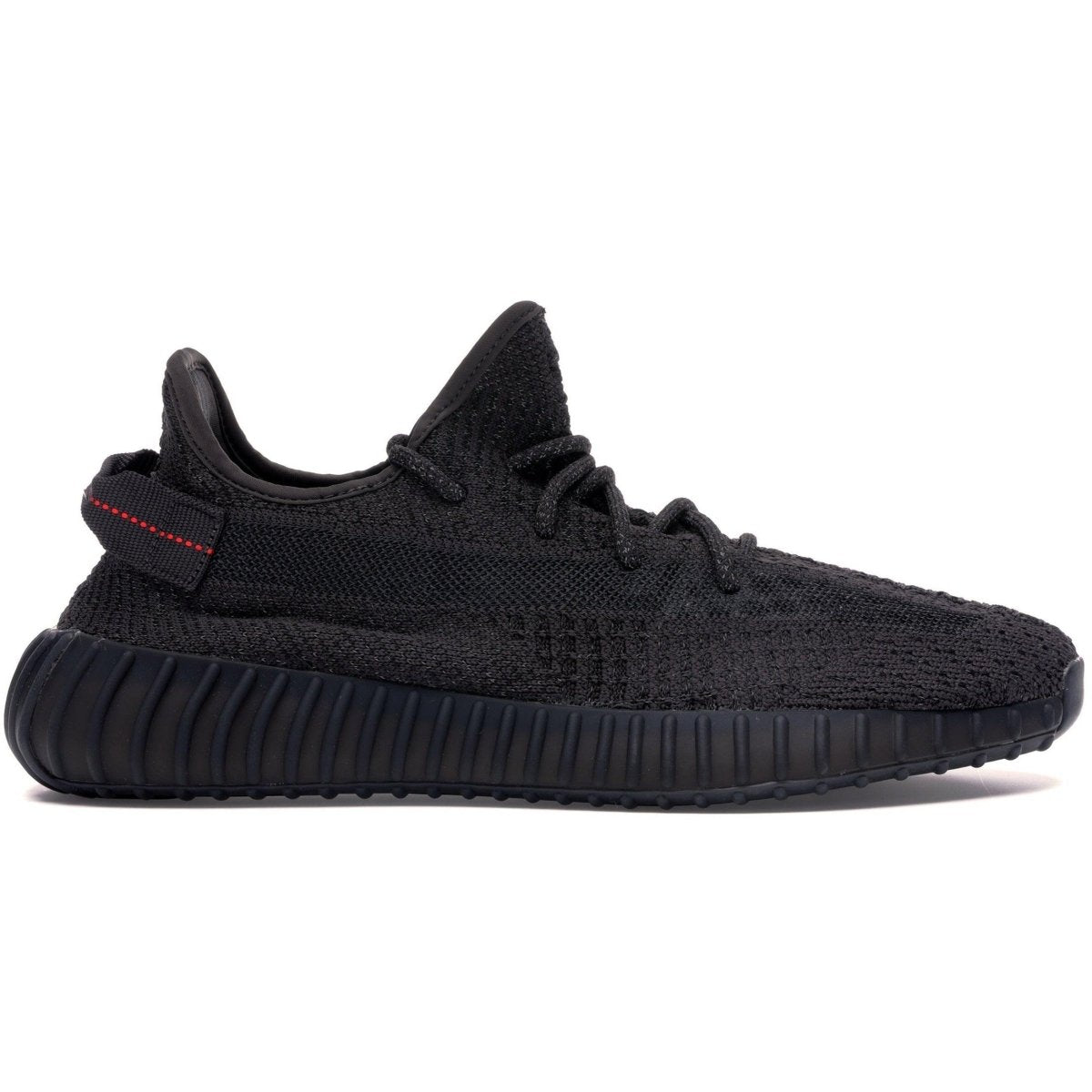 adidas Yeezy Boost 350 V2 Static Black Reflective sneaker side view with black Primeknit upper and reflective details.