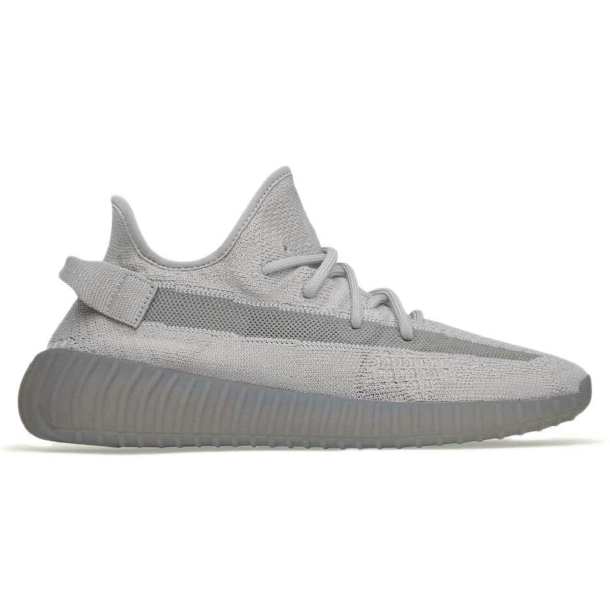 adidas Yeezy Boost 350 V2 Steel Grey sneaker in light grey Primeknit with unique stitching and translucent side stripe.