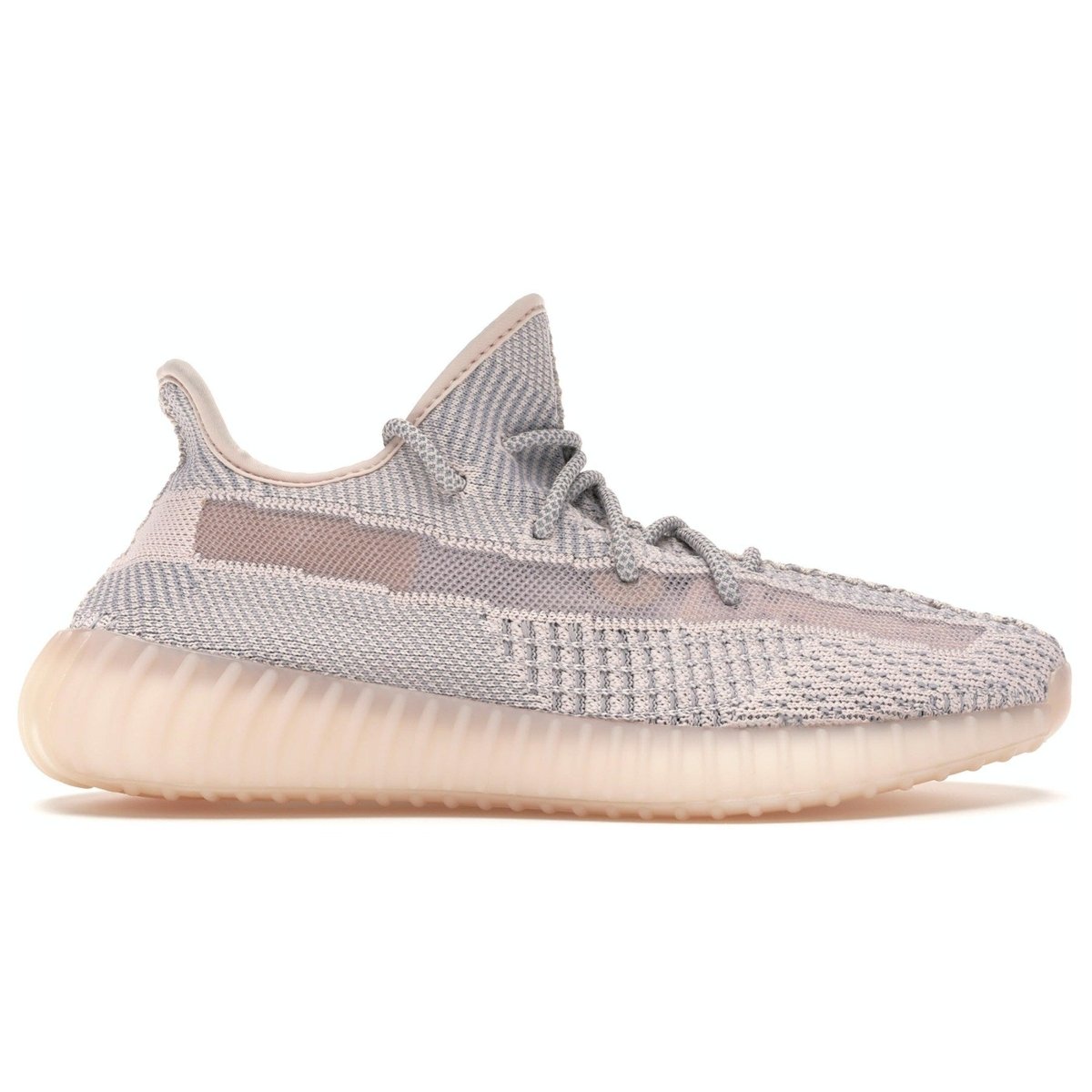 adidas Yeezy Boost 350 V2 Synth non riflettente con tomaia Primeknit rosa e suola traslucida, vista laterale.