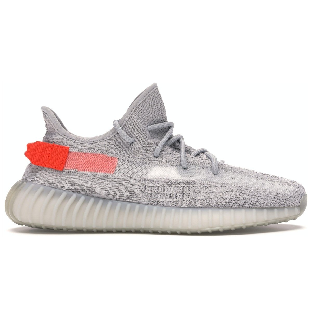 adidas Yeezy Boost 350 V2 Tail Light in grey Primeknit with bright orange heel tab and lateral stripe