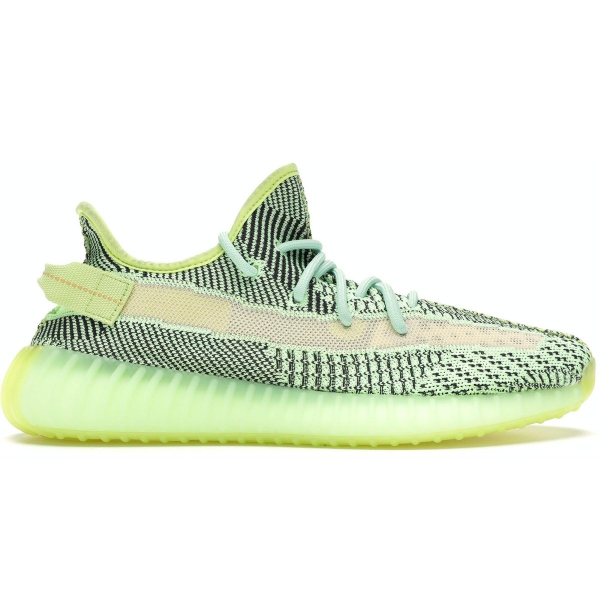 adidas Yeezy Boost 350 V2 Yeezreel Non-Reflective in green and black Primeknit with colorful laces and translucent sole.