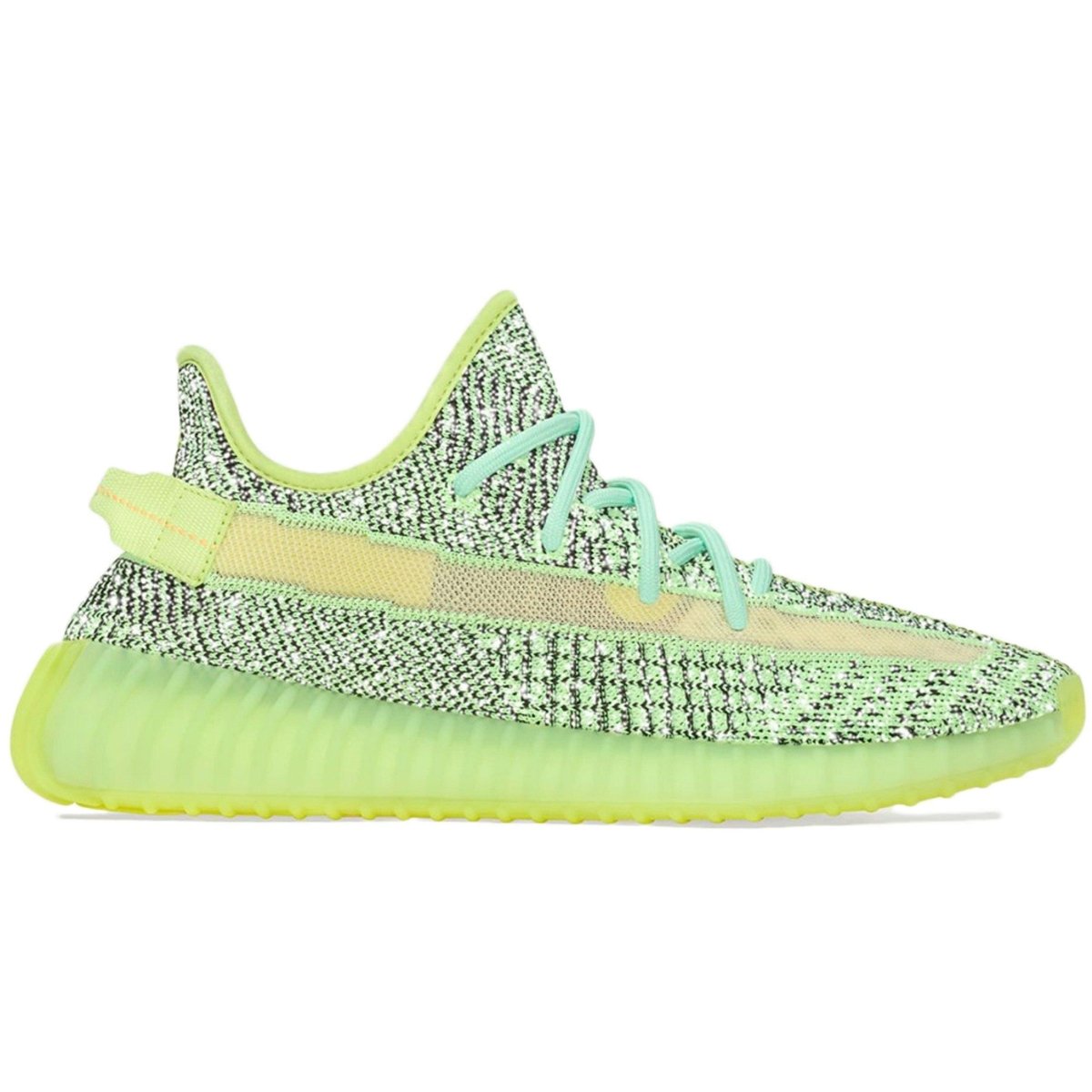 adidas Yeezy Boost 350 V2 Yeezreel reflective sneaker with vibrant neon upper and Boost cushioning.