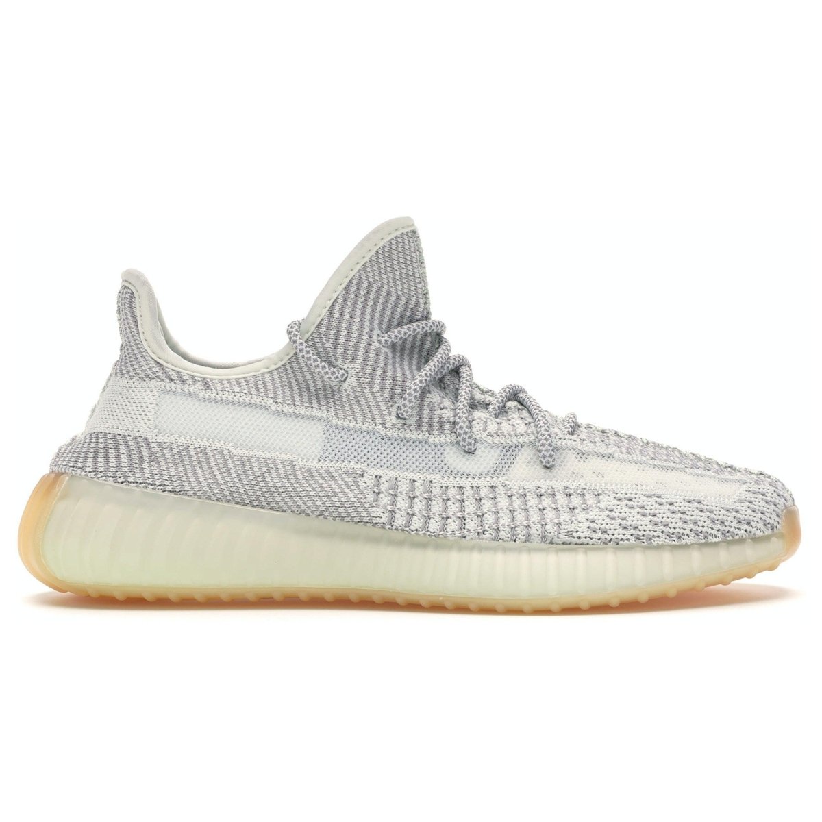 adidas Yeezy Boost 350 V2 Yeshaya in grey and white Primeknit with translucent side stripe, showcasing lightweight design.