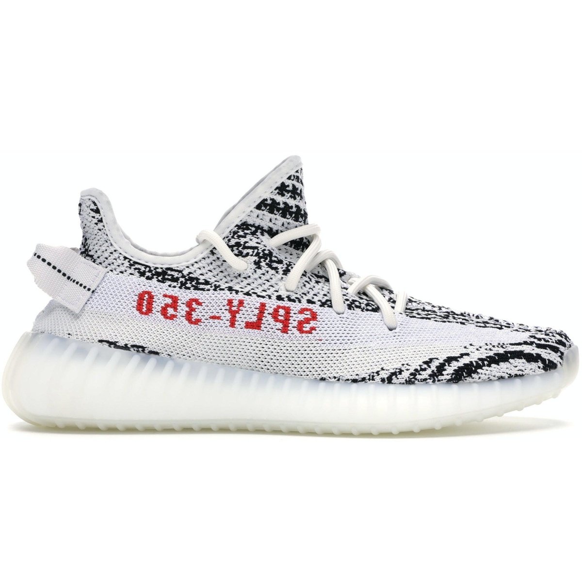 adidas Yeezy Boost 350 V2 Zebra sneaker in black and white with red SPLY-350 detail on the side.