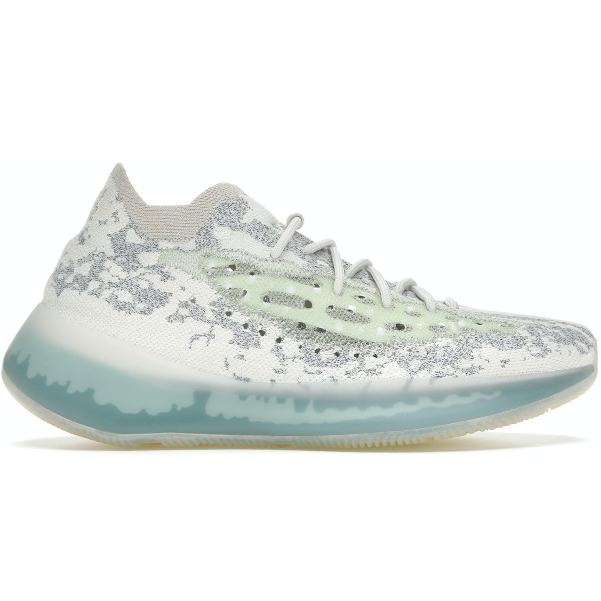 adidas Yeezy Boost 380 Alien Blue sneaker featuring grey and cream Primeknit upper with reflective details and green accents.