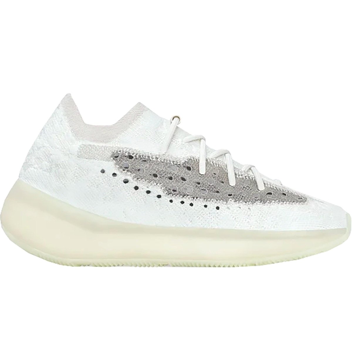 Adidas Yeezy Boost 380 Calcite Glow in white with reflective detailing and primeknit upper, featuring a glow-in-the-dark line.