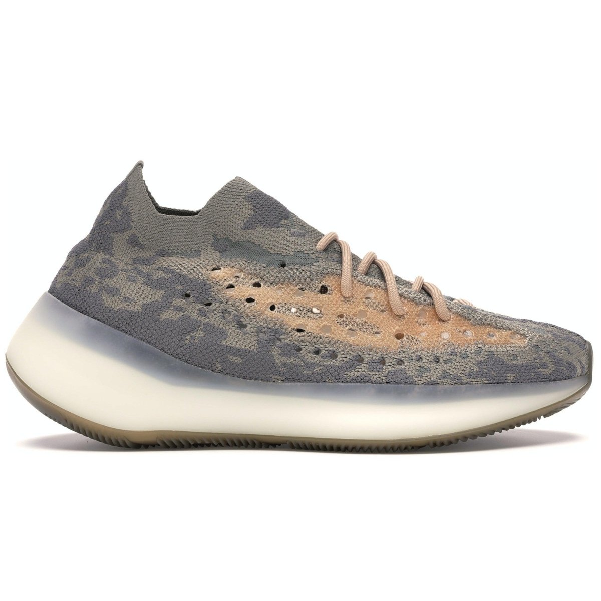 adidas Yeezy Boost 380 Mist sneaker featuring a breathable Primeknit upper in neutral gray and tan camouflage design.