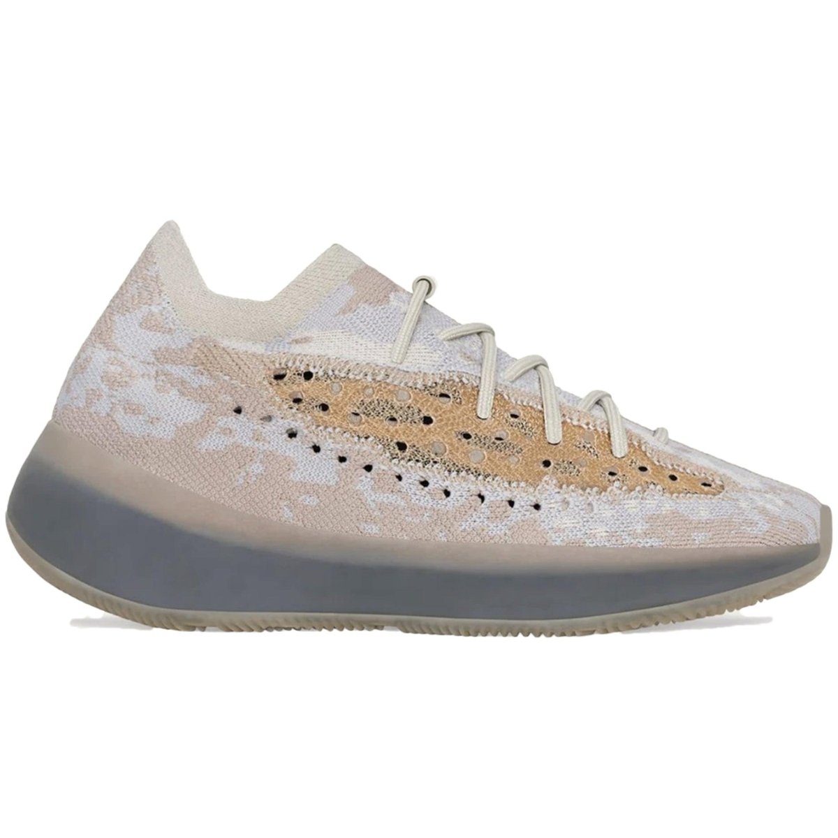adidas Yeezy Boost 380 Pepper in light grey and Off-White with breathable Primeknit upper and translucent monofilament window.