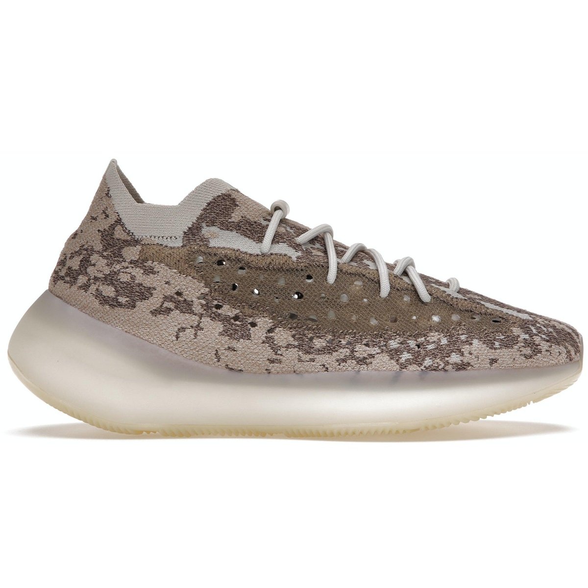 adidas Yeezy Boost 380 Pyrite in neutral gray tones with sock-like construction and no-tie laces for enhanced breathability.