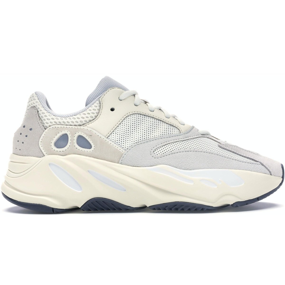 adidas Yeezy Boost 700 Analog sneakers in clean white and gray colorway, featuring suede, premium leather, and mesh.