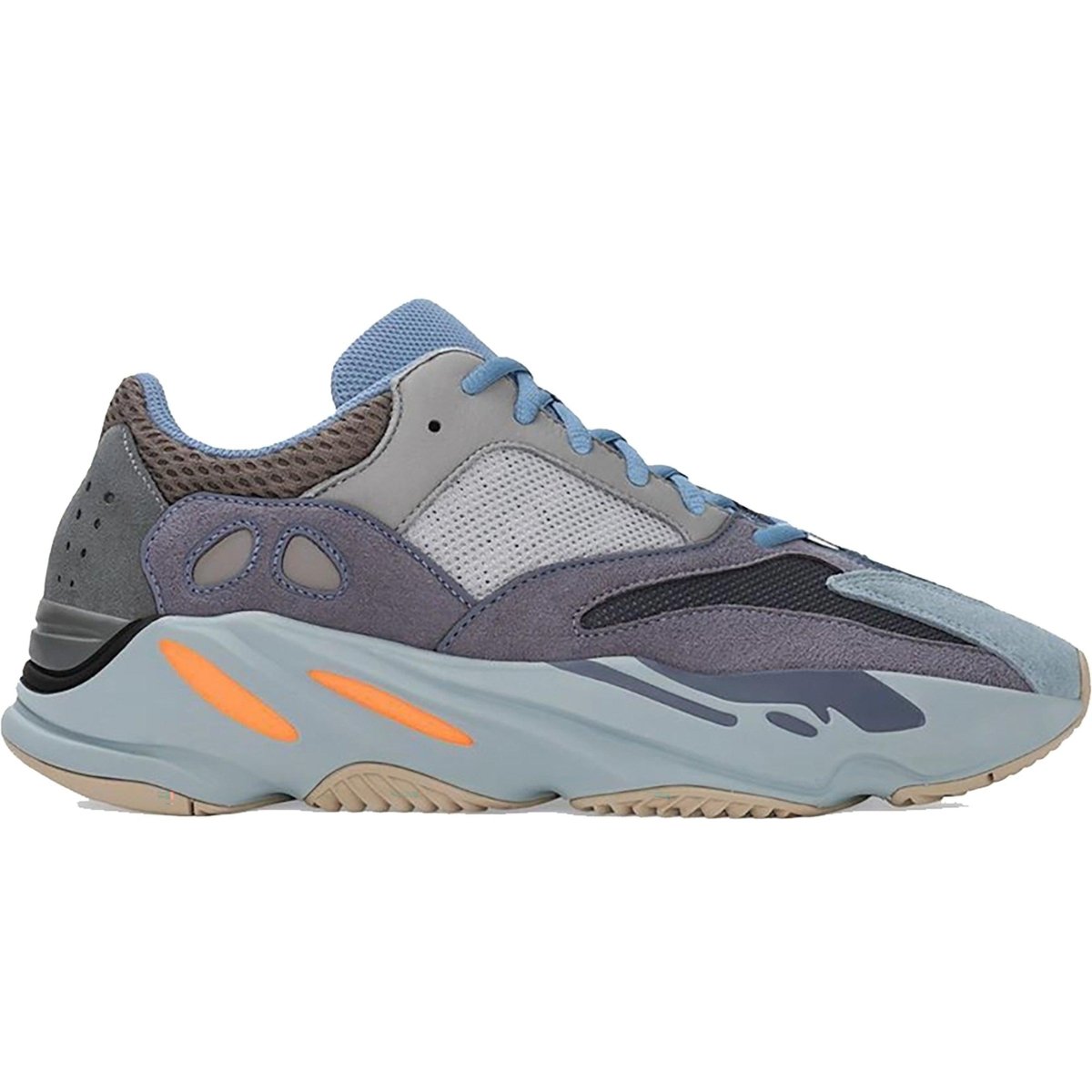 adidas Yeezy Boost 700 Carbon Blue sneaker showcasing blue and gray colorway with subtle orange accents.