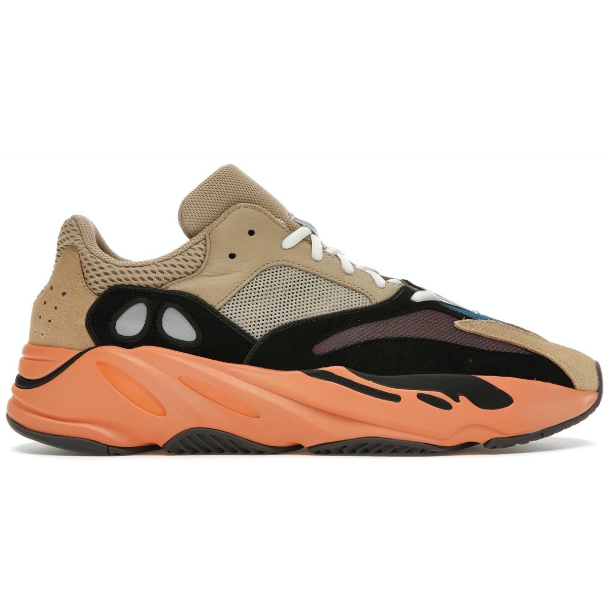adidas Yeezy Boost 700 Enflame Amber in beige and black with coral midsole and blue accents.