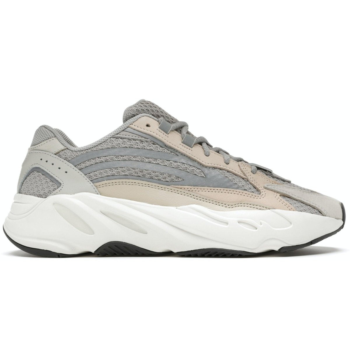 adidas Yeezy Boost 700 V2 Cream sneaker profile view in gray and beige tones, showcasing modern design and comfort.