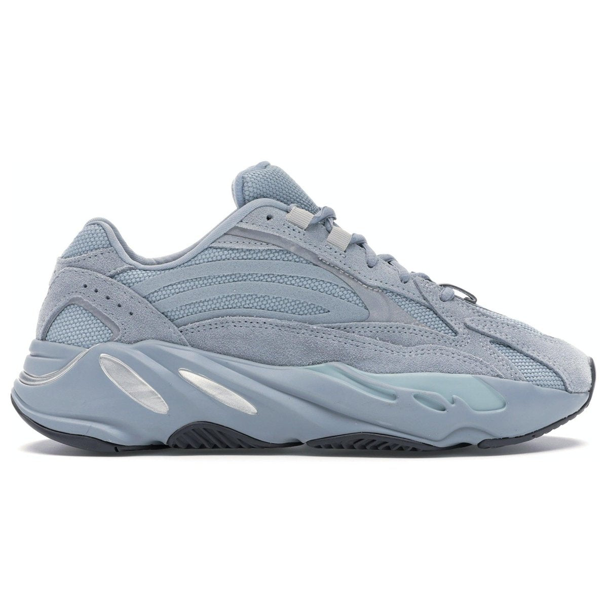 adidas Yeezy Boost 700 V2 Hospital Blue side profile view with blue suede and mesh upper, reflecting '90s running style.