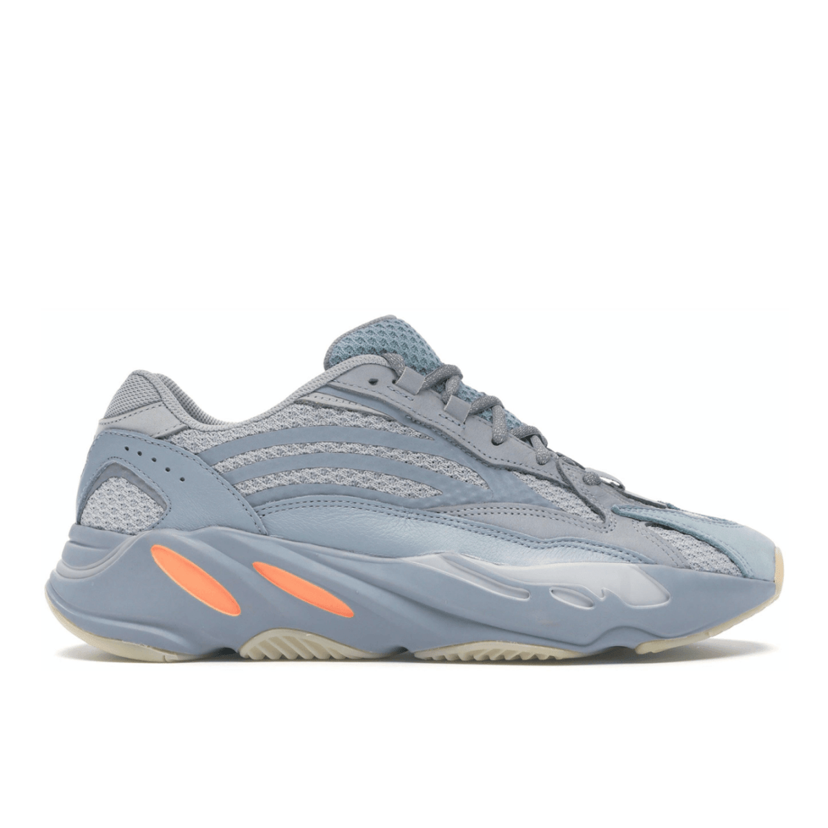 adidas Yeezy Boost 700 V2 Inertia sneaker in grey with orange accents and reflective details.