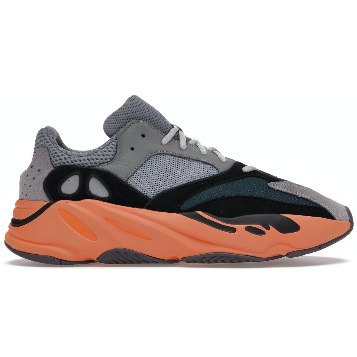 adidas Yeezy Boost 700 Wash Orange sneaker profile view with gray, black, and orange colorway