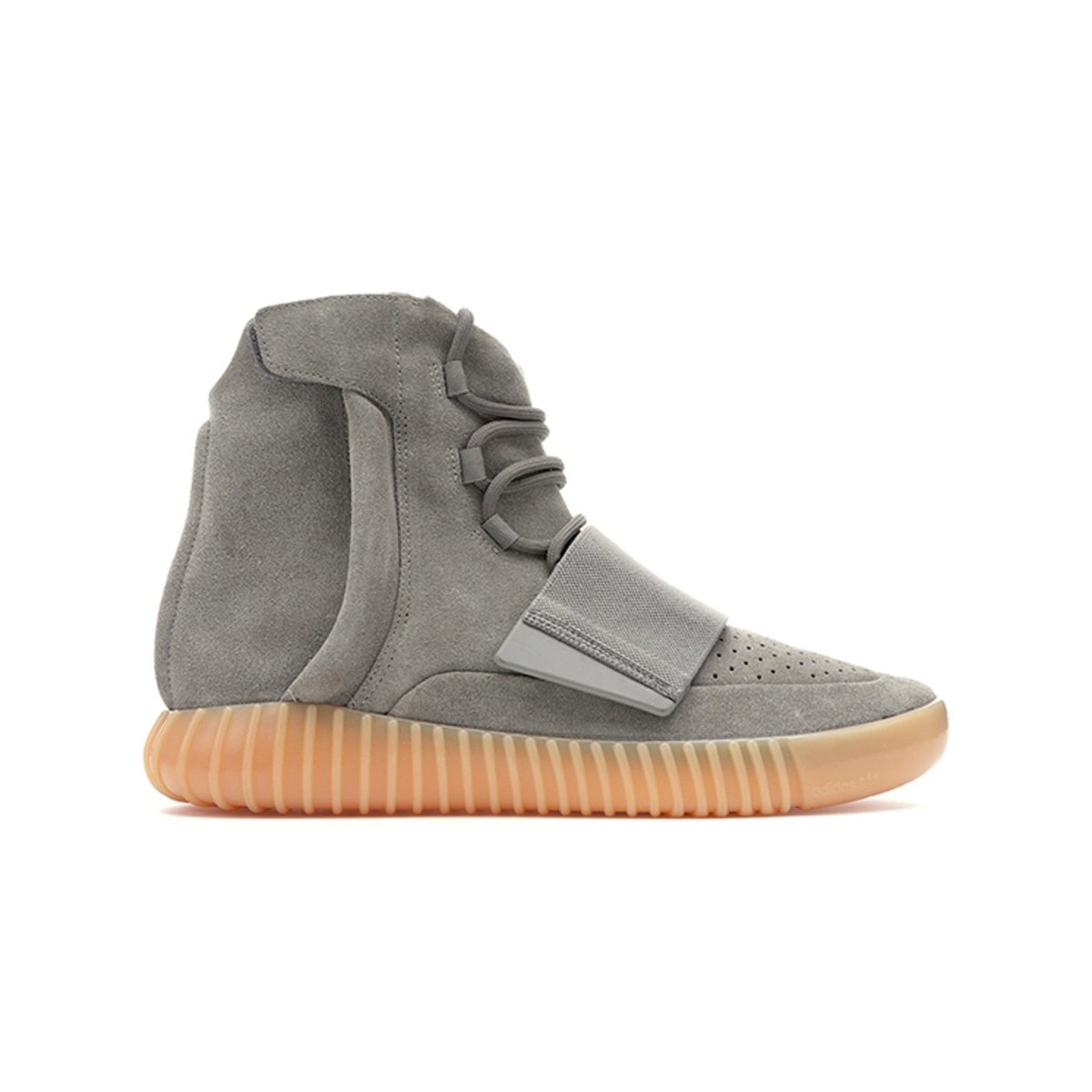 adidas Yeezy Boost 750 in light grey, featuring grey suede upper and glow-in-the-dark rubber sole.