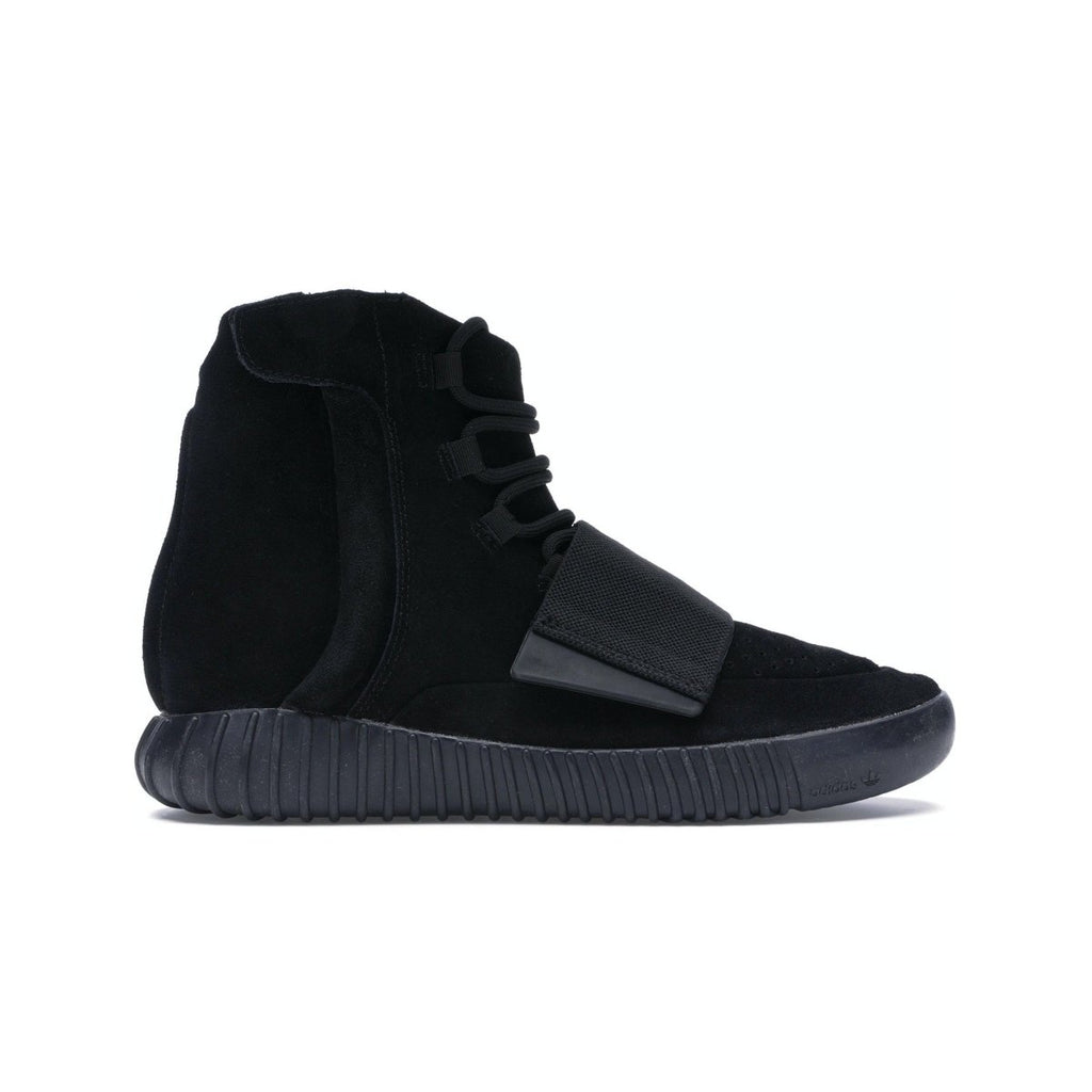 adidas Yeezy Boost 750 Triple Black, black suede upper, signature Yeezy strap, tubular sole, sleek design.