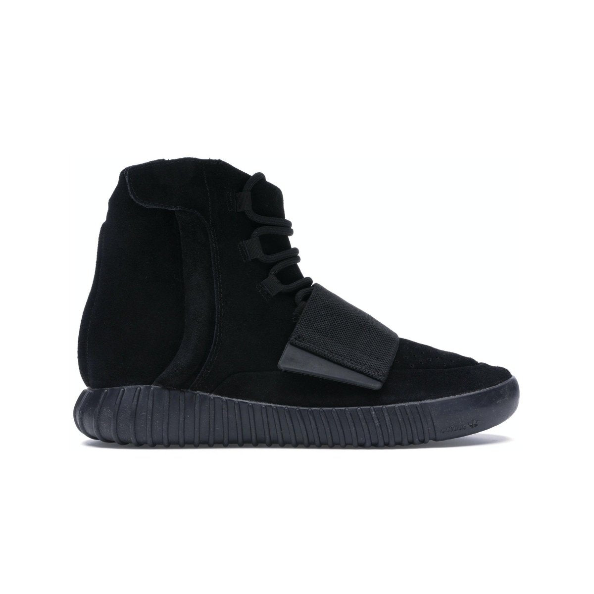 adidas Yeezy Boost 750 Triple Black, black suede upper, signature Yeezy strap, tubular sole, sleek design.