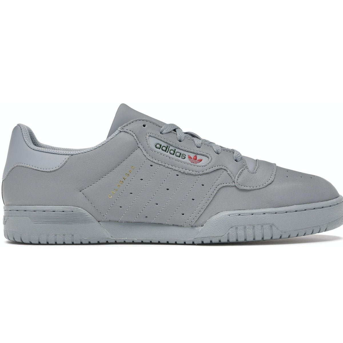 adidas Yeezy Powerphase Calabasas Grey sneakers with soft leather uppers and CALABASAS logo for a sleek, understated look.
