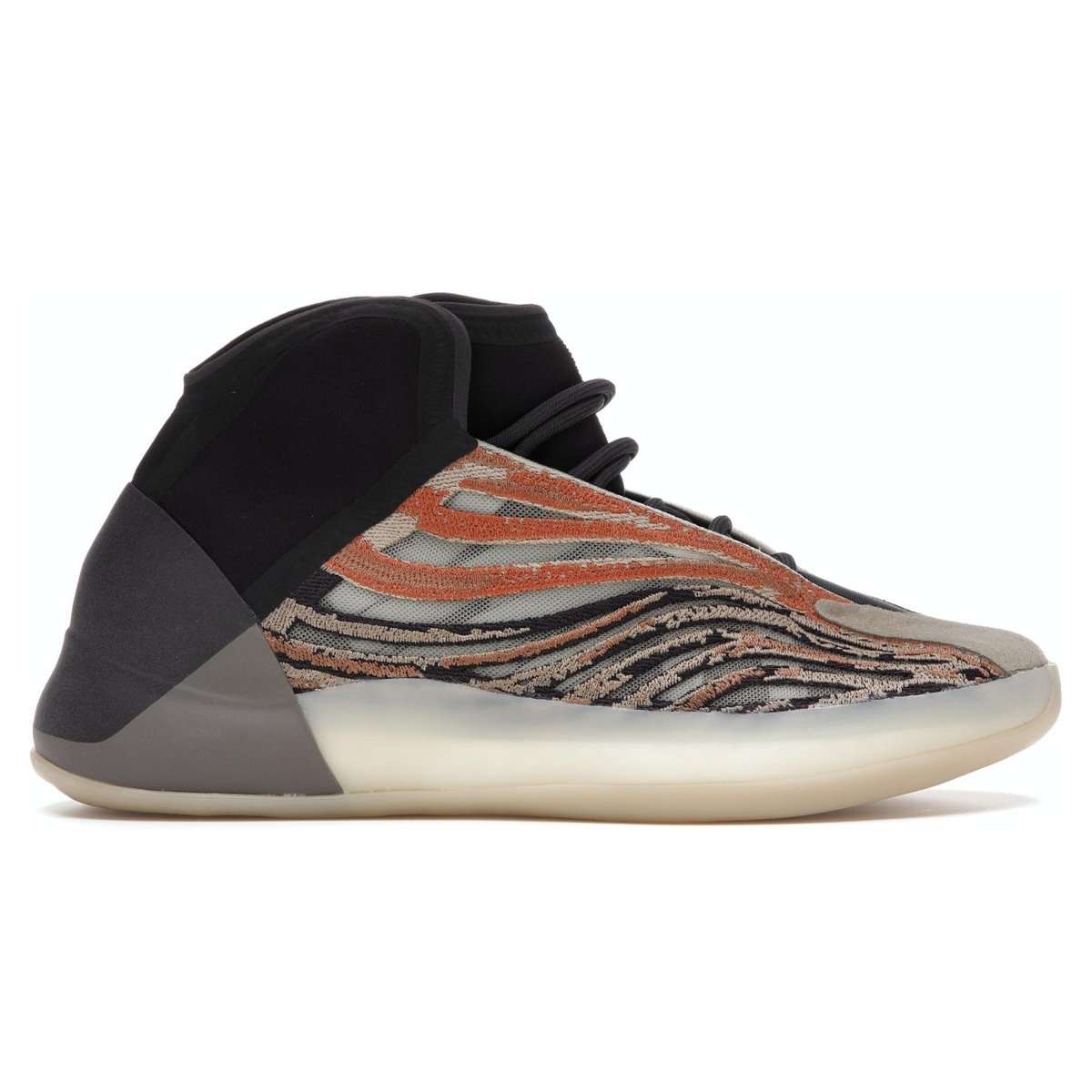 adidas Yeezy QNTM Flash Orange with mesh upper, black and burnt orange overlays, and Boost cushioning.