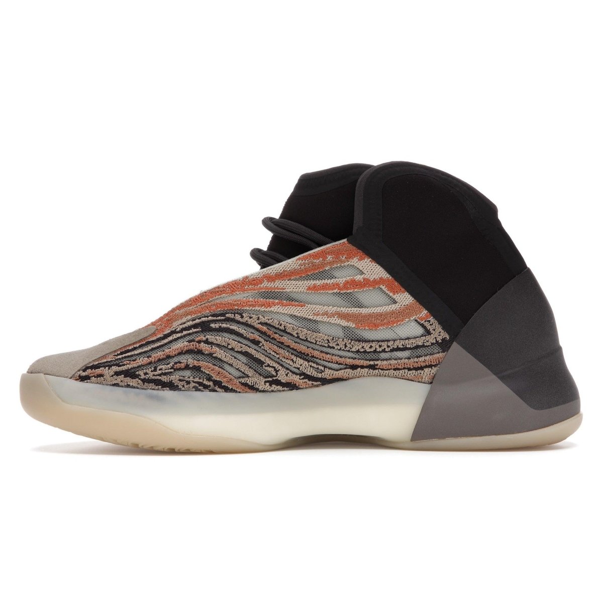 adidas Yeezy QNTM Flash Orange sneaker featuring vibrant orange and black jacquard mesh design and flexible collar.