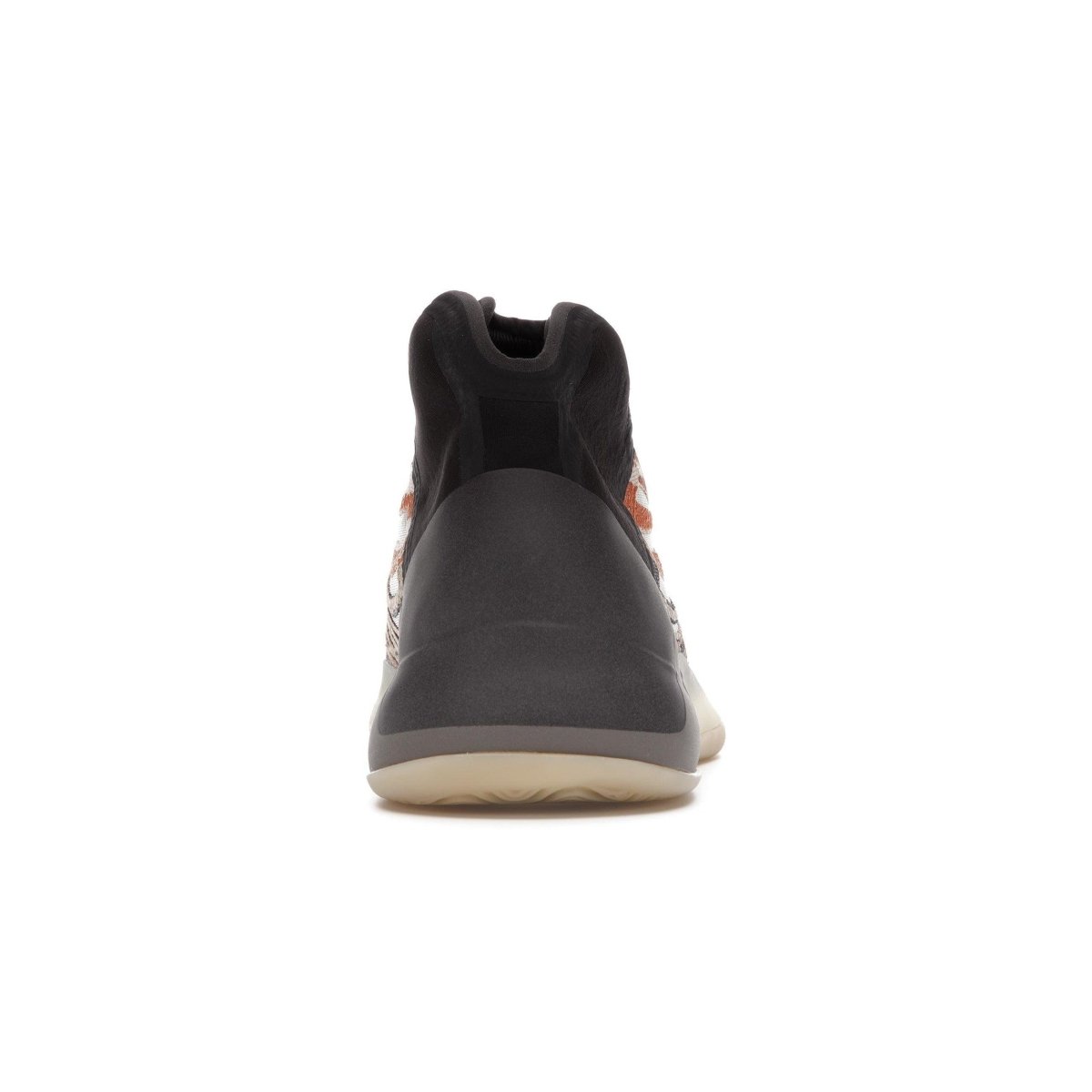 Adidas Yeezy QNTM Flash Orange sneaker rear view with flexible neoprene collar and contrasting colors.
