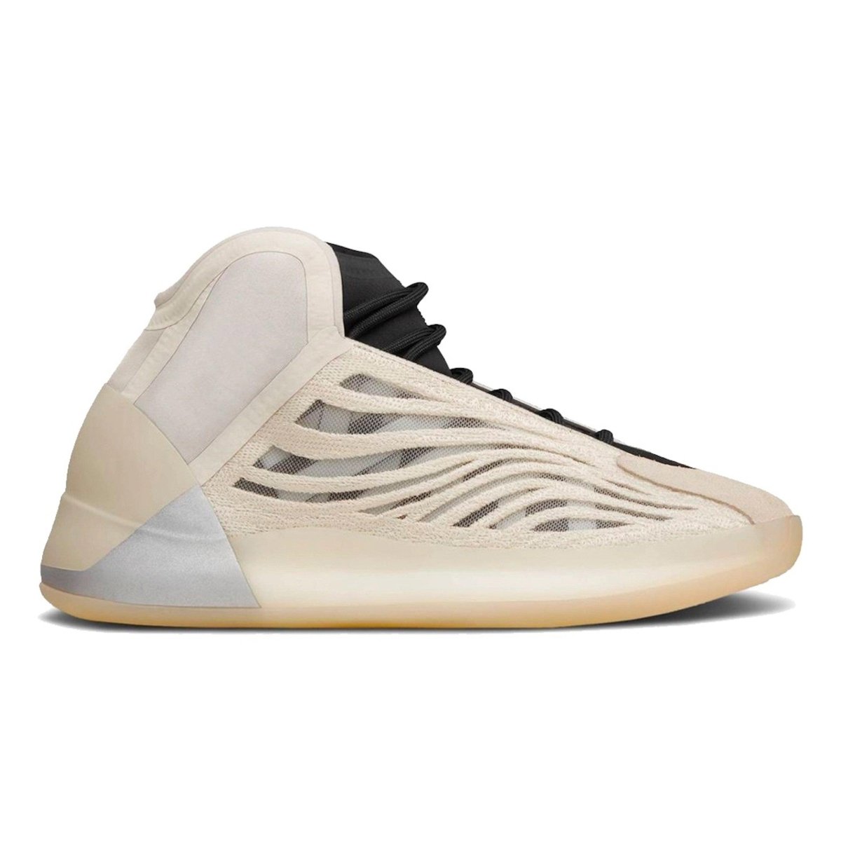 adidas Yeezy QNTM Mist Slate sneaker in light beige and black, featuring a sleek design with mesh details.
