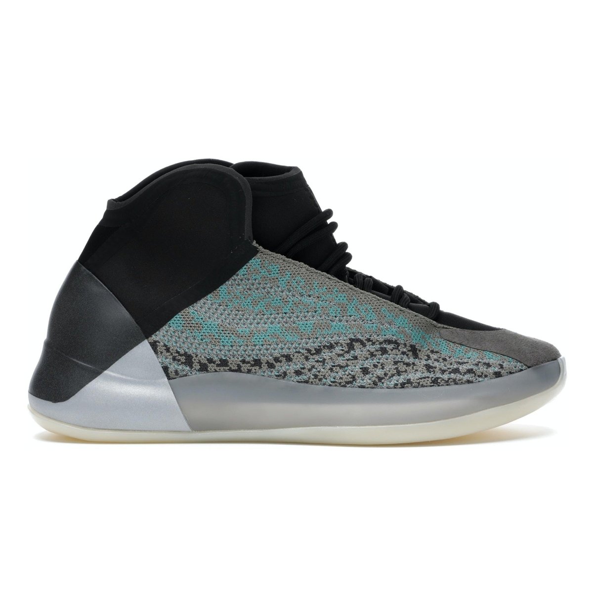 Adidas Yeezy QNTM Teal Blue sneaker features high ankle support and primeknit upper with aqua blue accents.