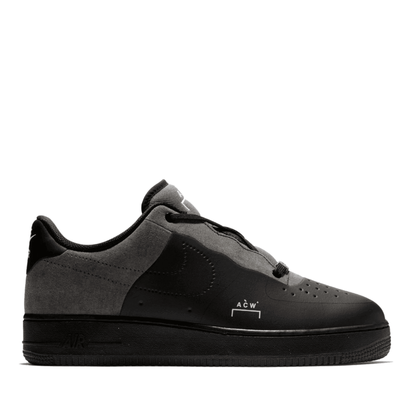 Nike Air Force 1 Low A Cold Wall in black and grey, featuring eco-friendly Flyleather and ACW branding.