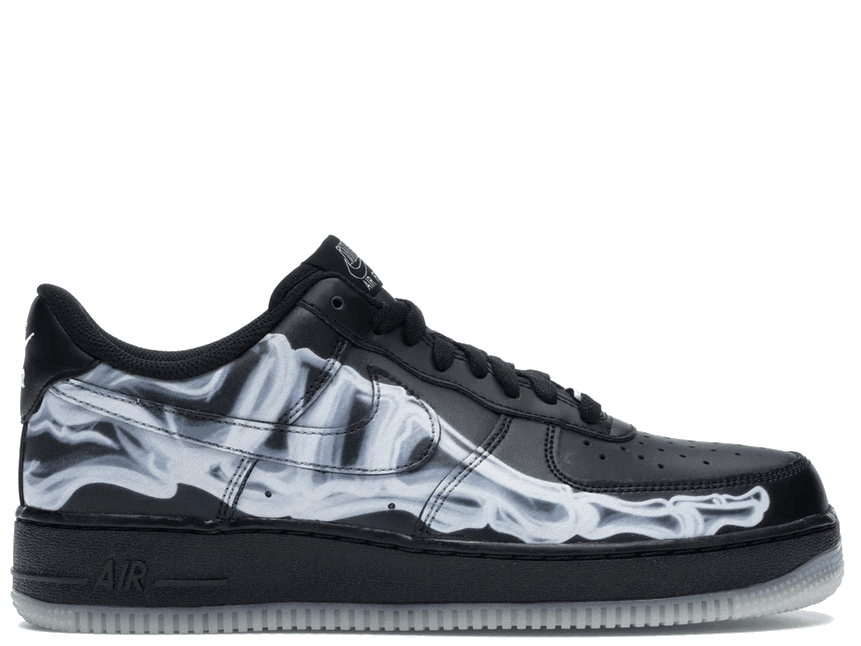 Air Force 1 Low Black Skeleton sneaker featuring a unique skeletal design on a black background.